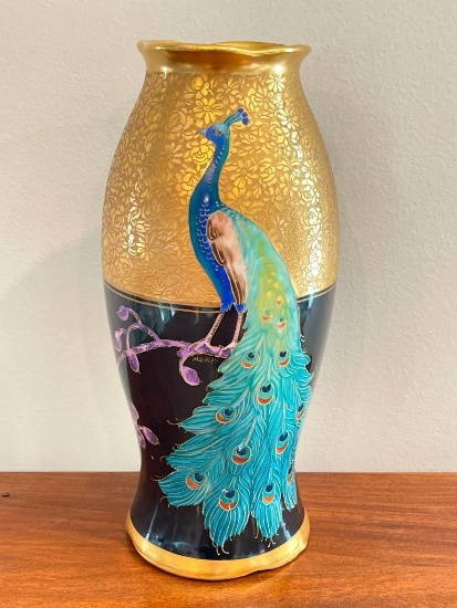 Hand Painted Pickard Peacock Vase - Signed