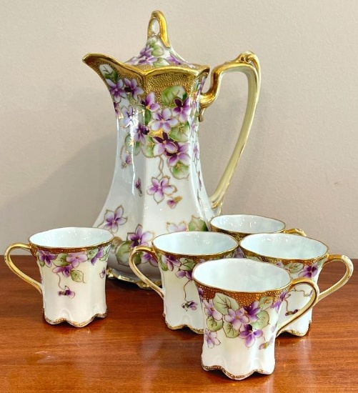 Antique Hand Painted Nippon Pitcher and Glass Set