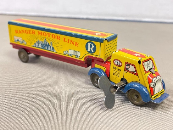 Vintage Wind Up Tin Litho Toy - Ranger Motor Line Truck