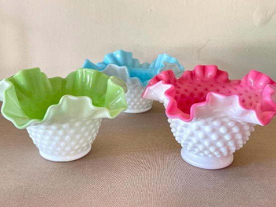 Collection of 3 Fenton Ruffled Edge Bowls