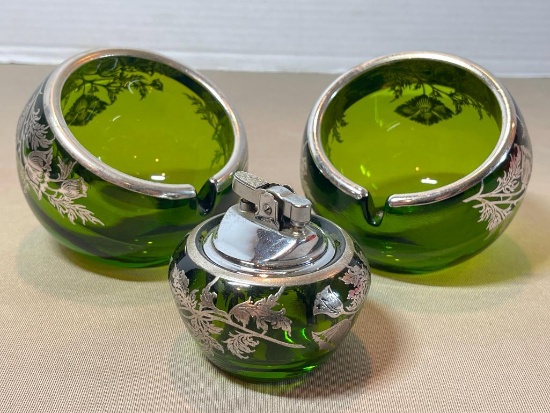 Vintage Viking Glass Lighter and Pair of Orb Ashtrays