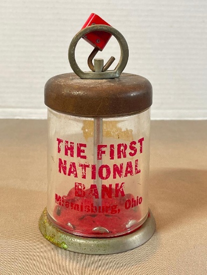 Vintage Brass/Glass Lockable Jar - First National Bank (Miamisburg, Ohio) Advertising