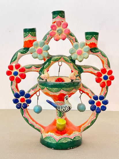 Mexican Folk Art Pottery "Tree of Life" Candelabra