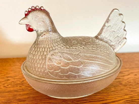 Vintage Clear Glass Hen on Nest