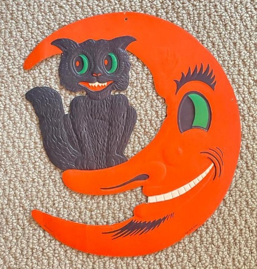 Vintage H.E. Luhrs Die Cut Cardboard Halloween Cat & Moon