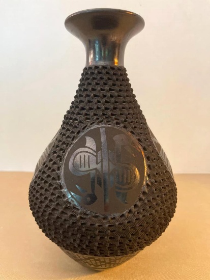 Handmade Mexican Black Ware Pottery Vase - Signed