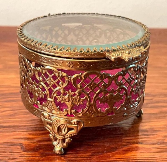 Vintage Ornate Brass and Glass Trinket Box