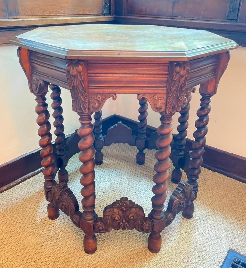 Antique Octagon Carved Wood Table