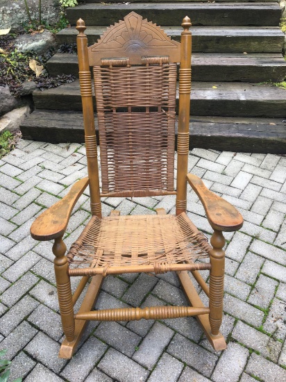 Antique cane rocking chair w/ acorn finials, sunrise crest rail - original condition (SPRING MILLS)