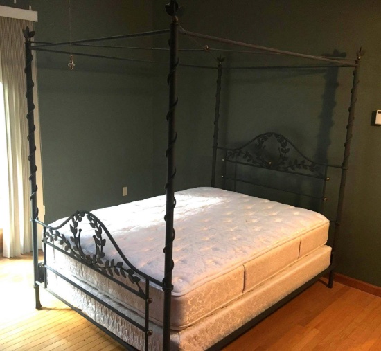Queen size canopy bed: wrought iron frame, canopy; box springs, mattress (SPRING MILLS)