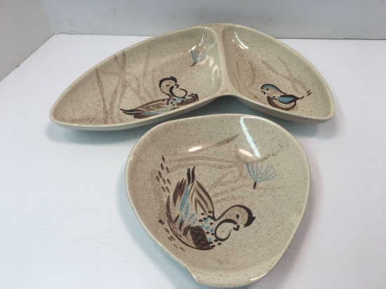 RED WING pottery (divided dish, bowl; Bob White pattern)