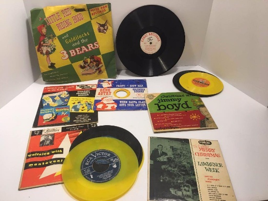 Vintage LP and 45 records, including colored vinyl (mostly children themed & Christmas music)