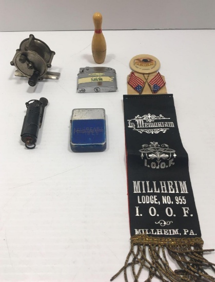 Vintage WWII Bowers Trench Lighter, vintage lighters, small fishing reel, MILLHEIM LODGE 955 ribbon