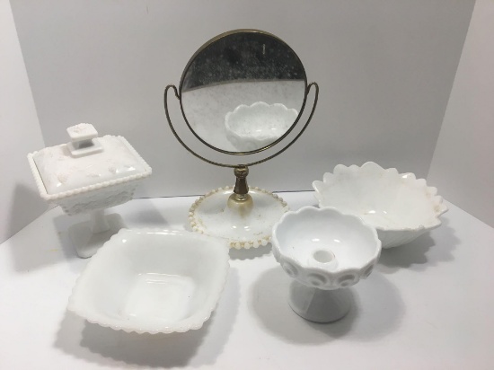 Milk glass lot (vanity mirror, bowls, candlestick, more)