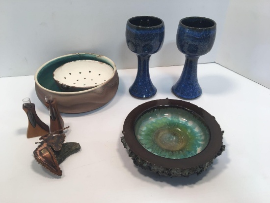Stoneware goblets, ashtray, knickknacks