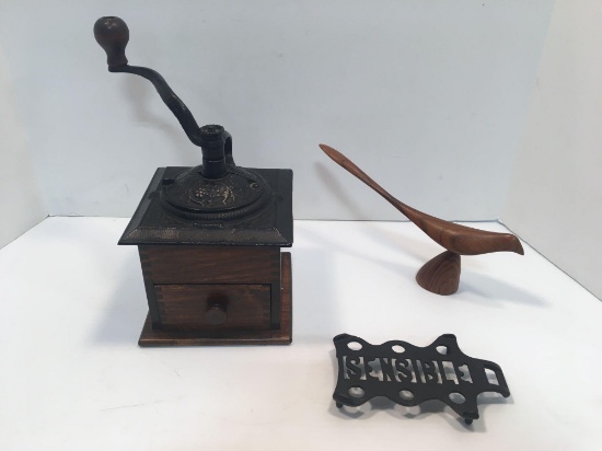 Vintage coffee grinder, SENSIBLE trivet, wooden bird decor