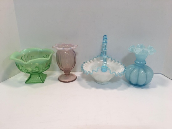 Colored glass vases, handled bowl, pedestal candy dish