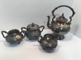 Silver plated teapot, creamer, 2- sugar bowls (1-lid)