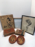 Vintage lot: picture frames, MICKEY MOUSE coloring picture, more