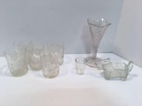 Etched glass tumblers, vase, measure cup, glass Scotty dog