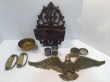 Vintage hors d'oeuvre cutters, pewter shot glass, brass eagle, more