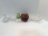 Glass bowls, decanter, wooden wall mask, more