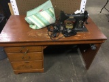 Vintage WHITE Rotary sewing machine w/ accessories in table