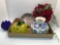 Flower pottery vase, decorative blue glass bowl, yellow glass pumpkin, more