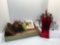 Metal pumpkin candleholder, red glass vase, display box with skeleton keys, more