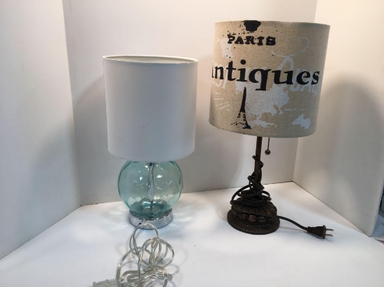 Blue glass lamp, lamp with "Paris Antiques" shade