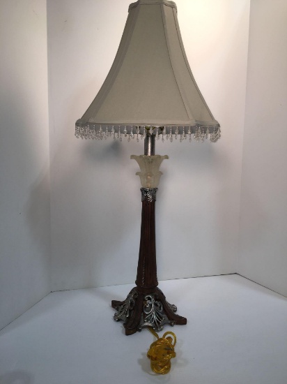 Ceramic/glass table lamp with beaded fringe on lampshade