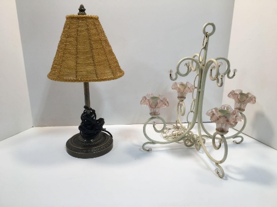 Candlestick chandelier with soft pink glass; yellow beaded electric table lamp