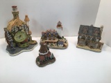 Handmade village buildings: Water Mill Clock, New England Lighthouse, Ye Olde Spotted Horse Pub