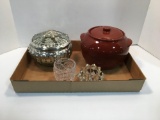 Pig ear crock, silver-tone starfish bowl, glass candle holders