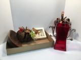 Metal pumpkin candleholder, red glass vase, display box with skeleton keys, more