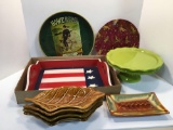 Pedestal cake stand, leaf plates, wood American flag tray, more