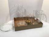 Glass lot: Lamp globes, Ship pitcher, candy jars, more