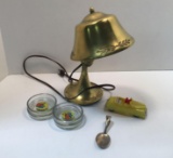 Silver Plate Baby spoon, Virginia coasters, toy car, table lamp