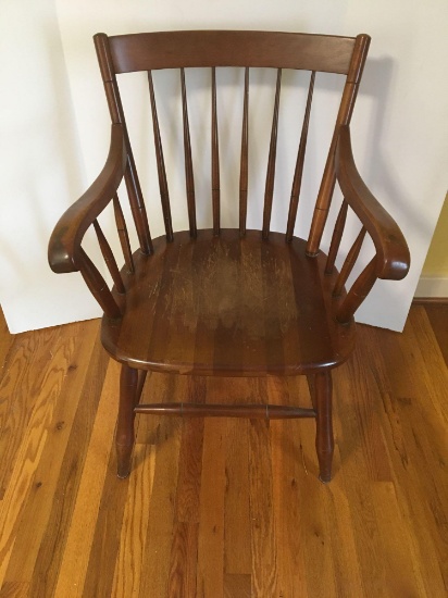 Spindle-back wood chair with armrests