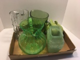 Vases, green glass pitchers, green teapot