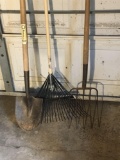 Leaf rake, pitchfork, spade shovel