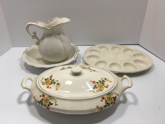 Soup tureen by KNOWLES, pitcher/basin, deviled egg server