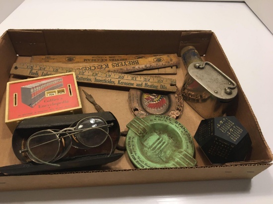 Vintage lot (safety glasses, advertising rulers, ashtrays, advertising banks, more)