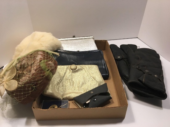 Vintage ladies hats, clutches, leather work mittens, more