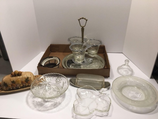 Covered butter dishes, glass bowls, sauce server, more