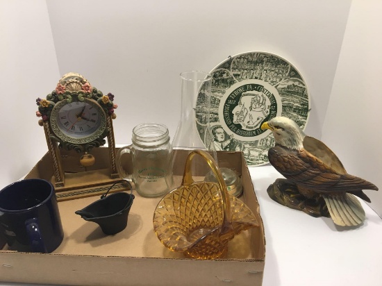 Fenton-style amber glass basket, Bald Eagle planter, Tyrone PA centennial plate, more