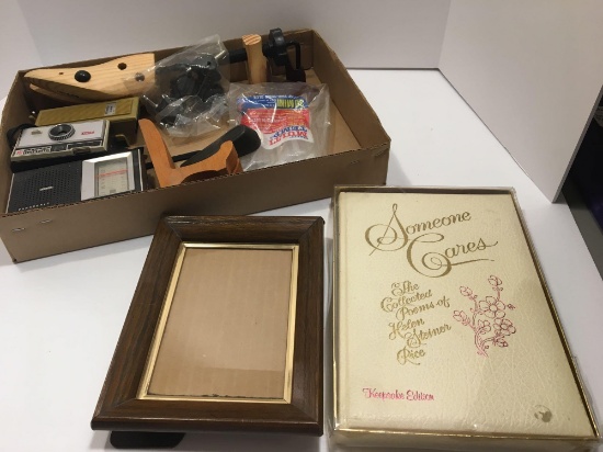 Vintage camera, transistor radio, Keepsake edition "Someone Cares" by Helen Steiner Rice, more