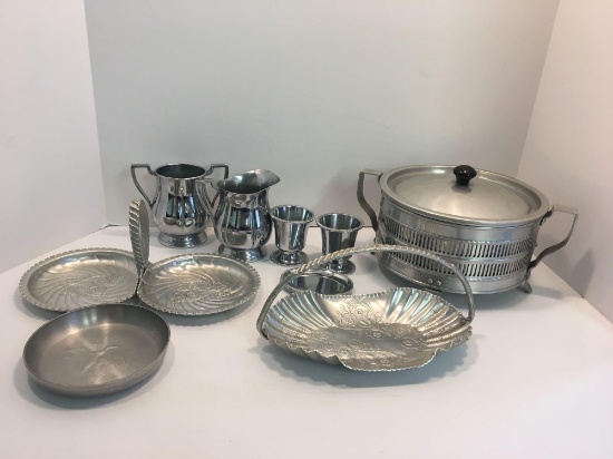 FARBER chrome plate pitchers, forged aluminum trays/handles, aluminum pot/frame, more