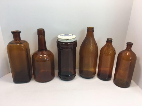 Vintage brown bottles (1-Clorox), brown glass CREMORA jar
