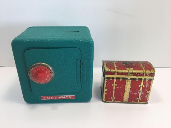 Fort Knox coin bank, collectible Tea tin